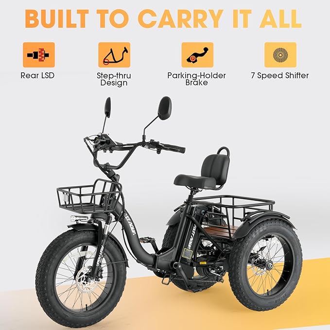Skeri Electric Tricycle for Adults, 750W(Peak 1350W) Motor Etrike, 20"x4" Folding Fat Tire Electric Trike, 48V13Ah Battery, 3-Wheel Electric Bike, 20MPH, Front & Rear Basket & Differential