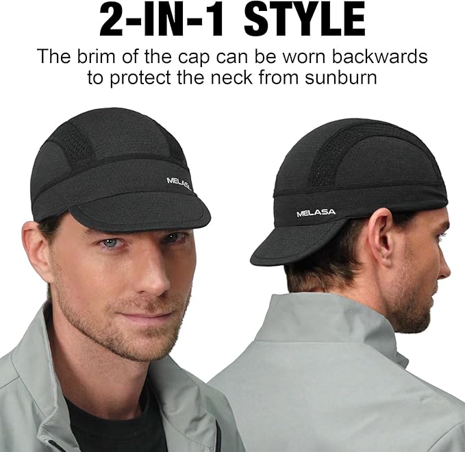 MELASA Cycling Cap, Cooling Skull Cap Helmet Liner with Sun Visor, Sun Protection Running Bike Cap for Men Women Under Helmet