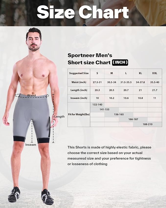 Sportneer Padded Bike Shorts for Men - 4D Padding Mens Bicycle Cycling Biking Clothing Shorts, Breathable and Absorbent