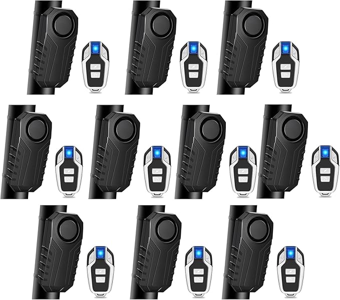 Bike Alarm with Remote,Bicycle Alarm Wireless,113dB Loud Bike Alarms for E-Bikes, Motorcycles, Scooter, Cars, Trailers, Luggage, Outdoor Riding and Cycling Safety IP65 Waterproof, 10Pcs