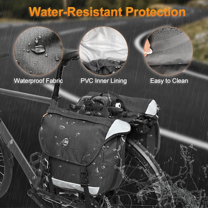 Bike Panniers for Rear Rack, 25L-35L Expandable Double Bicycle Saddle Bag, Water-Resistant Cycling Luggage Pack with Secure Drawstrings & Reflective Trims for Ebike Commuter Grocery Travel