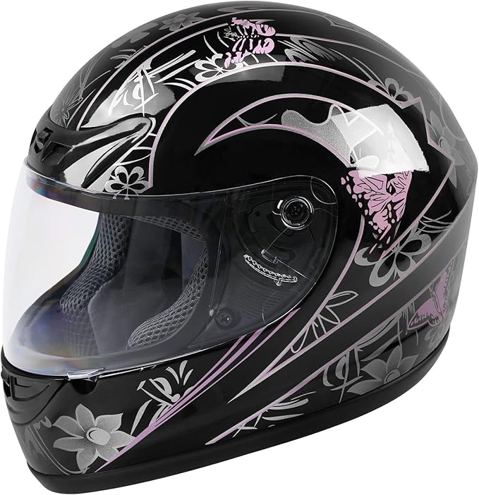 TCT-MOTORPARTS DOT Helmet Motorcycle Pink Black Butterfly Full Face Street Sport Helmet Full Face Flip Up Helmet for Women Men (Large)