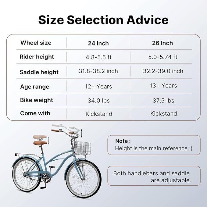 ACEGER 24 26 Inch Women Beach Cruiser Bike, Single Speed and 7 Speed, Adult Hybrid Bike Commuter Bicycle, Hi-Ten Steel Frame with Adjustable Handlebar and Saddle, Multiple Colors