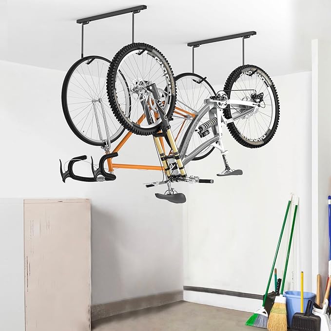WALMANN Ceiling Mounted Bike Rack for Garage, Space-Saving Ceiling Bike Storage for 4 Bikes(Horizontally)/8 Bikes(Vertically), Adjustable Bike Hooks for Road Mountain Bikes