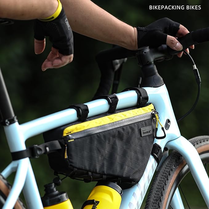 Rhinowalk BHD0018 Bike Frame Triangle Bag 2.9L, Waterproof Storage Bag with YKK Zippers, Cable Port & Pump Holder, Fits Hydration Pack- Black+Yellow