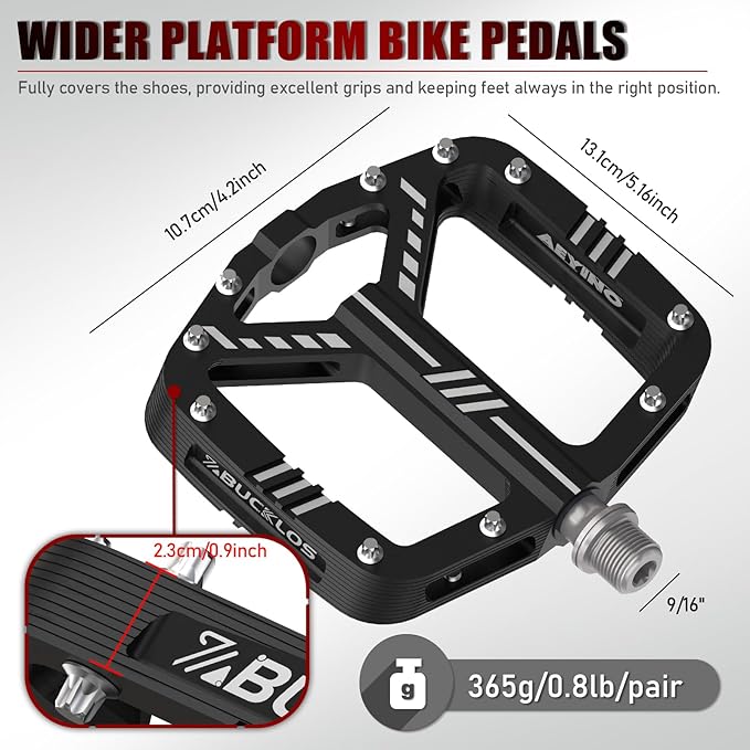 BUCKLOS MTB Flat Pedals Mountain Bike Pedals, 3 Bearings CNC Adult Road Bike Pedals, Bicycle Platform Aluminum Alloy Non-Slip Pedal for Gravel Bike/BMX 9/16"(Black)