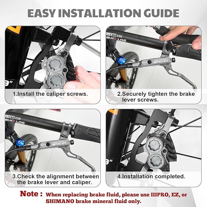 BUCKLOS IIIPRO MTB 4 Pistons Hydraulic Disc Brake Set Front 800mm and Rear 1550mm with Ceramic Brake Pad for Mountain Bike(Pre-Bled)