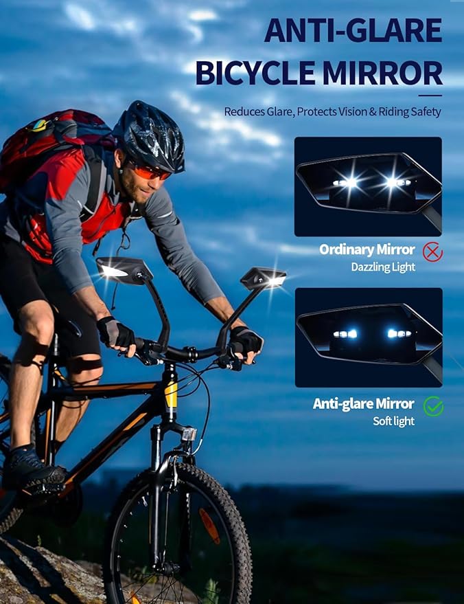 2 Pack Anti-Glare Convex Handlebar Bike Mirror with 2 Reflective Stickers, Wide Angle UHD Rearview Glass, Safe Universal Accessories for Bicycle Ebike Scooter Motorcycle Snowbike