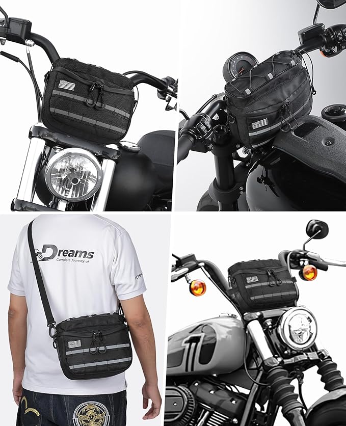 KEMIMOTO Motorcycle Handlebar Tool Bag with Reflective Strips 2.5L Bicycle Handle Bar Bag Sissy Bar Front Fork Storage Pouch Compatible with Cruiser Softail Dyna Sportsters