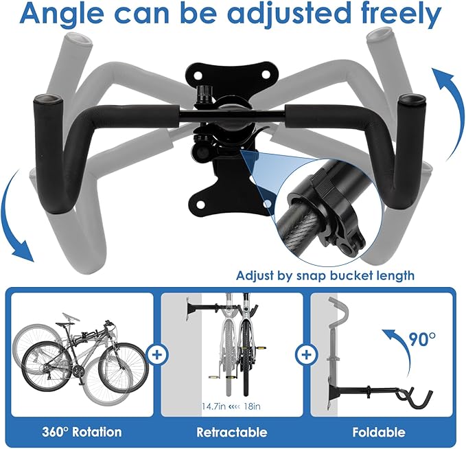 Bike Rack Garage, Bike Wall Mount, Bike Wall Mounted Holder Hook, Heavy-Duty Adjustable Bike Wall Rack, Hang Your Road, Mountain or Hybrid Bikes in Garage or Home, With EVA Foam Padded (2 Pack)