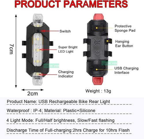 2 Pack USB Rechargeable LED Bicycle Rear Lights Cycling Bike Taillight Safety Lamp Night Essential Waterproof 4 Modes Warning Light for Men Women Kids MTB