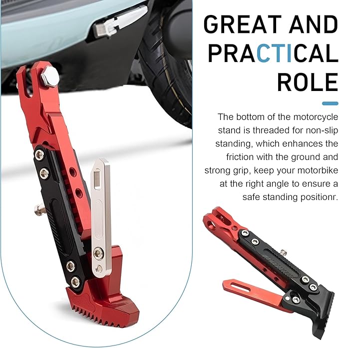 Universal Motorcycle Kickstand, 6 Level Heavy Duty Adjustable CNC Aluminum Alloy Side Stand Foot, Replacement Support Stand for Motorbike, Scooter, Dirt Pit Bike (Red)