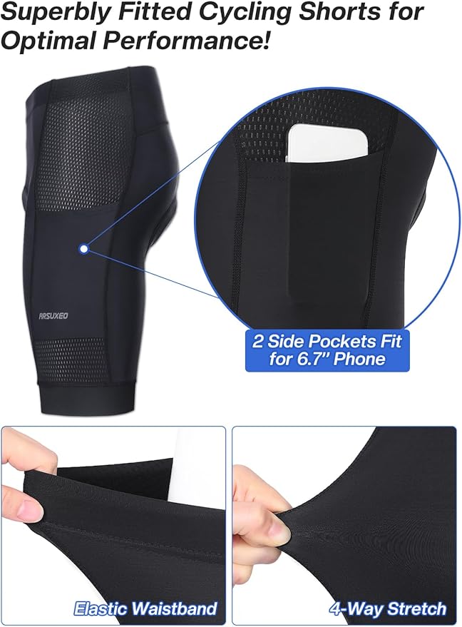 ARSUXEO 4D Padded Bike Shorts for Men Cycling Shorts with Phone Pockets Bicycle Biking Shorts