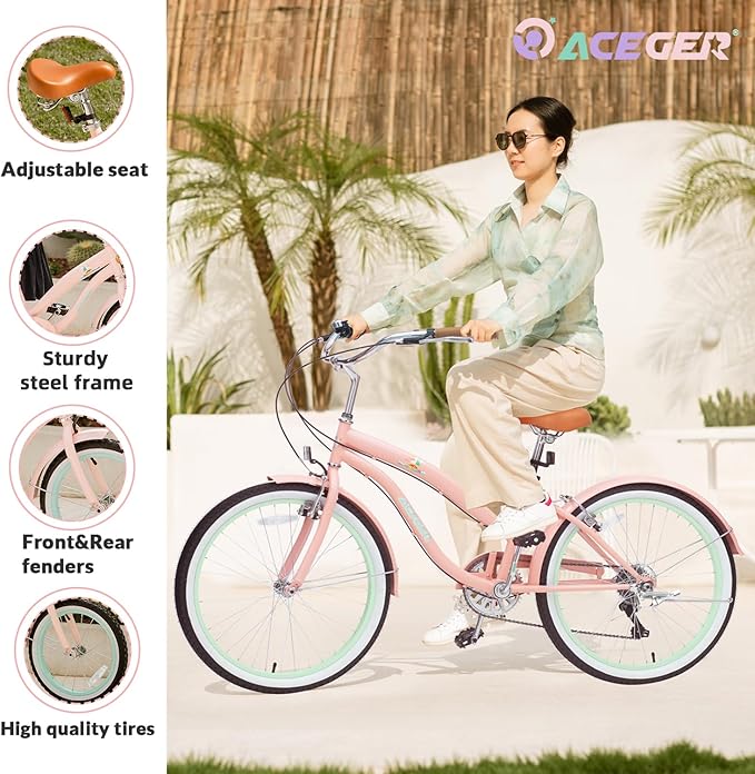 ACEGER Girls Beach Cruiser Bike for Kids 5-13 Years Old, 16" 18" 20" 24" Single Speed Kids Bicycle Included Coaster Brake, Front and Rear Reflectors, 24" 7 Speeds with Dual Brakes