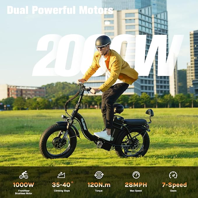 Wildeway Folding Electric Bike for Adults,2000W Dual Motor Ebike 20x4.0 Fat Tire All-Terrain 28MPH,48V 32Ah Removable Battery,7-Speed,Dual Hydraulic Disc Brake,City Commuting Delivery Bicycle