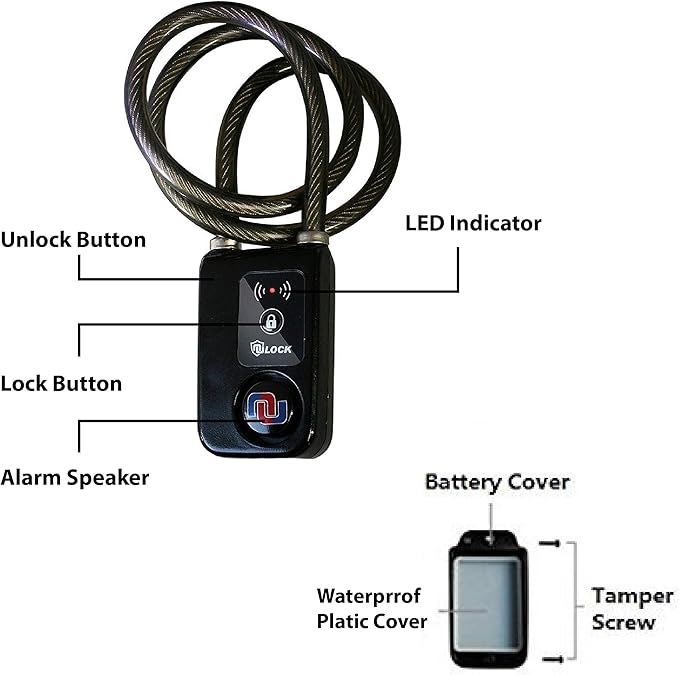 Nulock Keyless Bluetooth Bike/Motorcycle/Gate Lock IP44 Splash-Proof Cycling Lock with 110db Alarm, 0.38" Diameter 31-inch Braided Steel Cable (2025 Version)