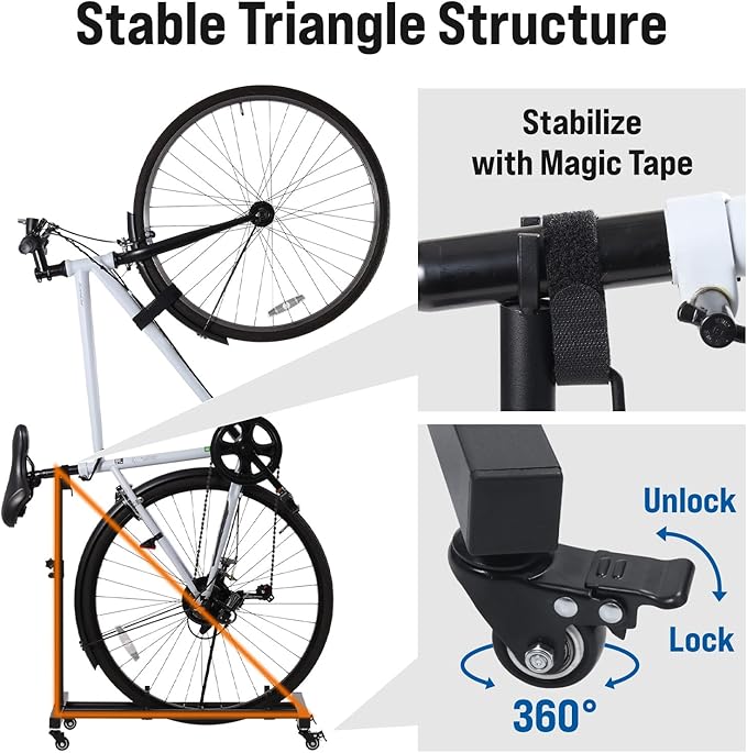 Japard Vertical Bike Stand with Wheels, Freestanding Indoor Bike Storage Rack Upright Bicycle Floor Stand with Adjustable Height for Garage - Wheels Sizes up to 29”