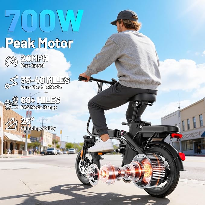 Foldable Electric Bike for Adults and Teens, 700W Peak Motor Ebike with 30-60 Miles PAS Range, 14" Folding Mini E Bike for Commute, Electric Bicycle with 48V Removable Battery