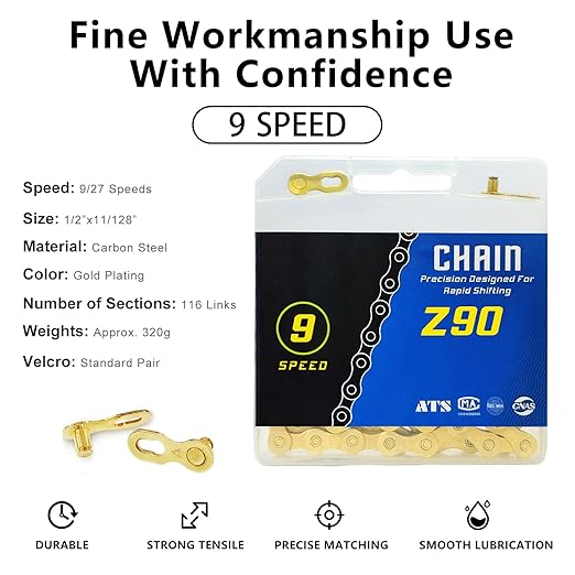 Bike Chain, 9 Speed Bike Chain 1/2" x 11/128" 116 Links Bicycle Chain for Road Mountain Folding Racing Cycling Bikes (Gold-9 Speed)