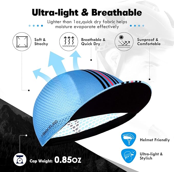 Hikenture Cycling Cap,Cooling Skull Cap Bike Hat with Sun Visor, Summer Breathable Helmet Liner Biking Cap for Men Women