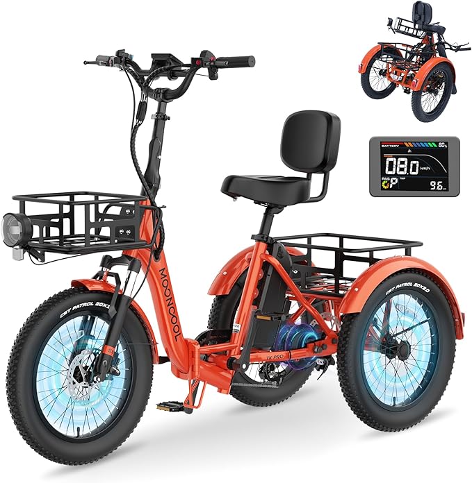 MOONCOOL Electric Trike for Adults, 500W/750W 48V Electric Tricycle for Adults Peak Power 1500W, 20"x3.0" Fat Tire 3 Wheel Electric Bike, Folding Aluminum Adult Tricycle with Removable Battery