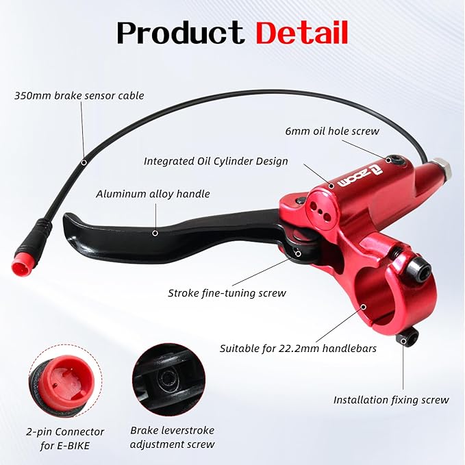 Zoom HB876E Hydraulic Disc Brakes Set 4-Pistons E-Bike Electric Power-OffHydraulic Brake Set for eBike, Mountain Bike, Road Bike (Red)