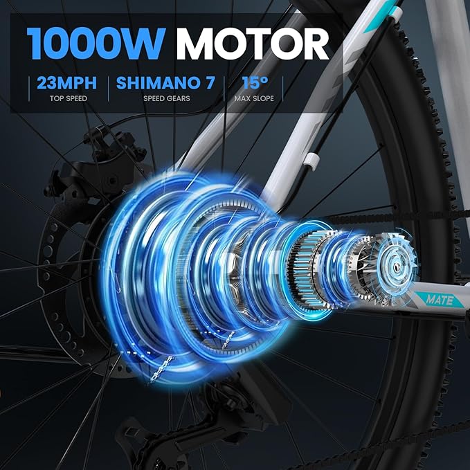 5TH WHEEL Mate Electric Bike for Adults - 1000W Peak Motor, 23MPH Top Speed, 468WH Removable Battery, 7-Speed Gears & Adjustable Stem - Commuting & Mountain E-Bike with Color LCD Display