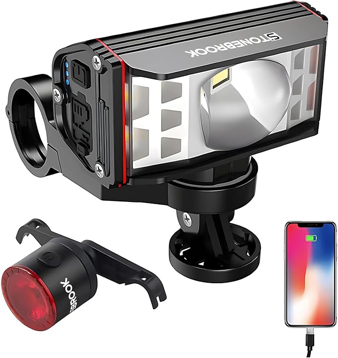 STONEBROOK 1800LM Bike Lights Set, Bicycle Headlight and Tail Light Set, Rechargeable Headlight & 7-Mode Taillight, IP65 Waterproof, Emergency USB Charging,Fahrradlampe for Night Riding