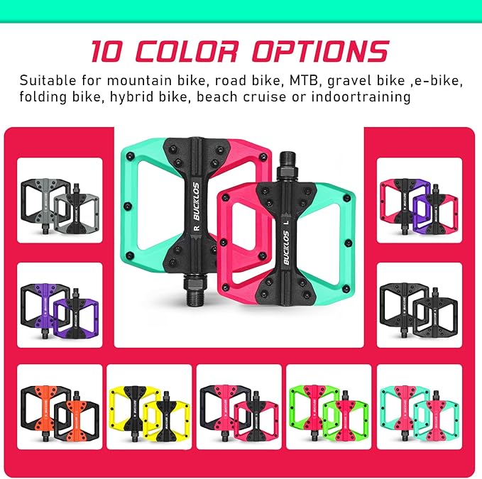 BUCKLOS MTB Flat Pedals Mountain Bike Pedals, 3 Bearings CNC Adult Road Bike Pedals, Bicycle Platform Aluminum Alloy Non-Slip Pedal for Gravel Bike/BMX 9/16"(Black)