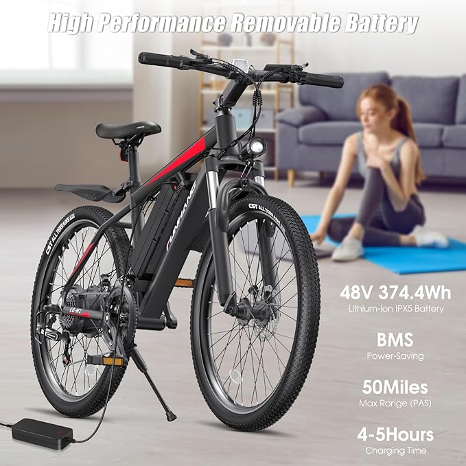 Electric Bike for Adults, 1000W Peak Ebike, 50Miles 21.7MPH Electric Mountain Bike, 26" Adult Electric Bicycle with 48V Removable Battery, Fenders,7 Speed, Front Suspension, UL 2849 Certified