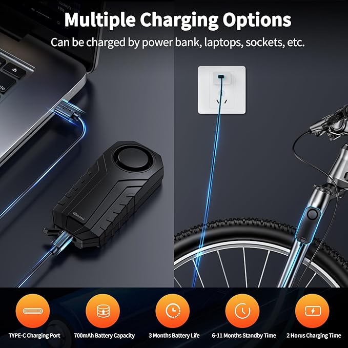 WSDCAM Wireless Bike Alarm with Remote, Rechargeable 113dB Loud Bicycle Alarm System Anti Theft, IP65 Waterproof, Bike Alarms for E-Bikes, Motorcycles, Scooter, Outdoor Riding and Cycling Safety