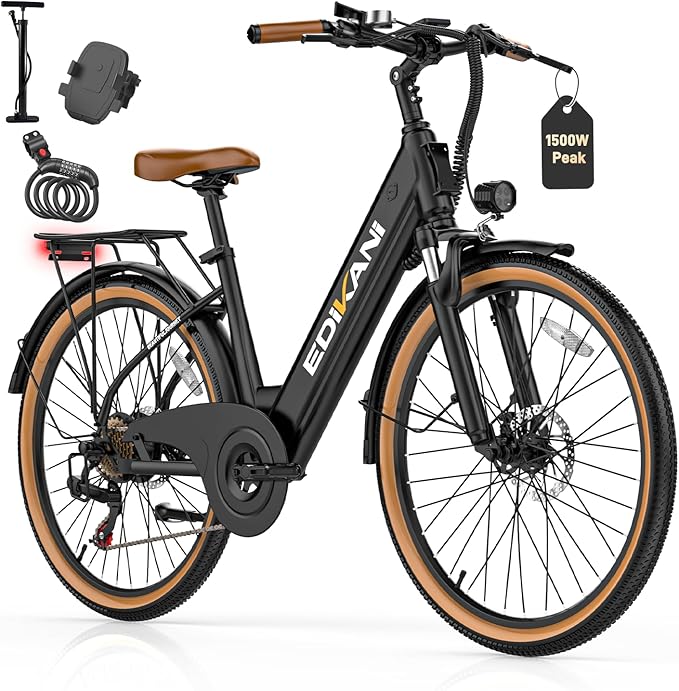 EDIKANI Electric Bike for Adults 25MPH 1500W Peak 26" Comfortable Step-Through Ebike with 48V Internal Battery Adjustable Stem Best Electric Bicycle for Women Commuter up to 70 Miles EDM02