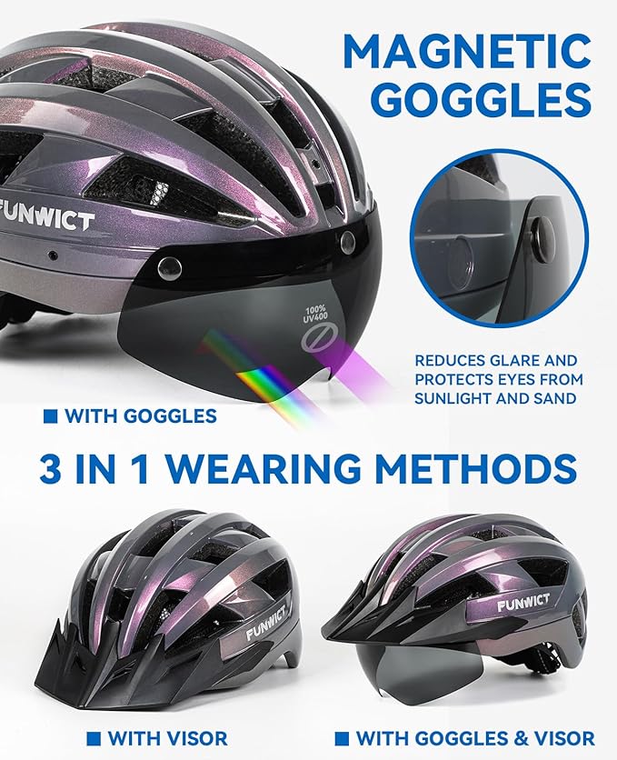 Adult Bike Helmet with Visor and Goggles for Men Women Mountain Road Bicycle Helmet Rechargeable Rear Light Cycling Helmet