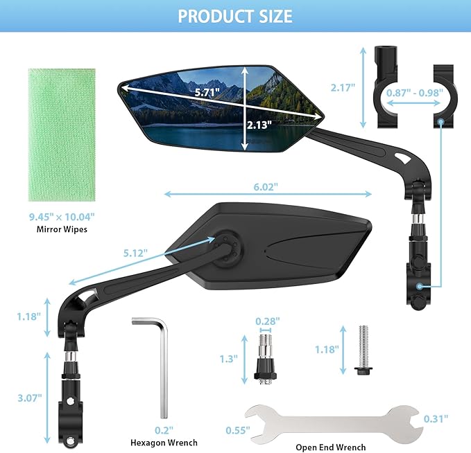 Bike Mirror | 360° Rotatable & Foldable | Blu-ray Scratch Resistant Glass Lens | Ebike Accessories, Bike Mirror Handlebar Mount, Bicycle Mirrors