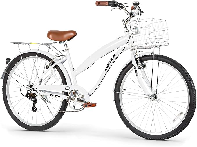 WEIZE Beach Cruiser Bike, 26 inch Commuter Bicycle for Adult Men and Women,High-Carbon Steel/Front & Rear Fenders, Comfortable City Bikes with Rear Rack or Basket, Ergonomic Upright Design