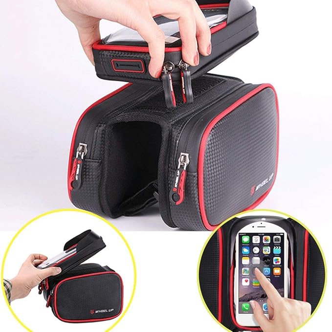 Bike Frame Bag, Bicycle Phone Mount, Waterproof Cycling Front Top Tube Pouch Pannier Bike Phone Holder Stand Cycle Crossbar Storage Bags for iPhone 16 15 14 13 Pro Max Samsung Smartphone up to 6.7''