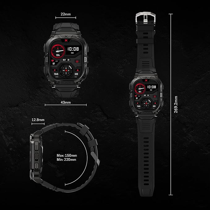 CARBINOX Blaze Smart Watch with GPS (Sport Mode), Fitness Tracker Waterproof IP69K, Compatible with Android and iOS, 170+ Sports Modes, Make/Receive Calls (Square Ultimate Pack)