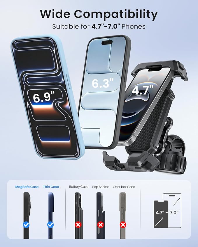 Anti-Shake Motorcycle Phone Mount - 2026 Dual Vibration Dampener, Universal Bike Phone Holder for iPhone 17/16/15/14/13 Series & Android 4.7-7”, Handlebar Mount for Bicycle/Motorbike/Scooter