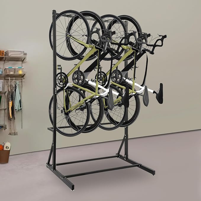 Freestanding 5 Bike Storage Rack 330 Lbs Sturdy Metal Vertical Bike Rack Indoor Garage Floor Stand Bicycle Organizer for Home and Garage Organizer, Indoor/Outdoor Bike Storage Rack