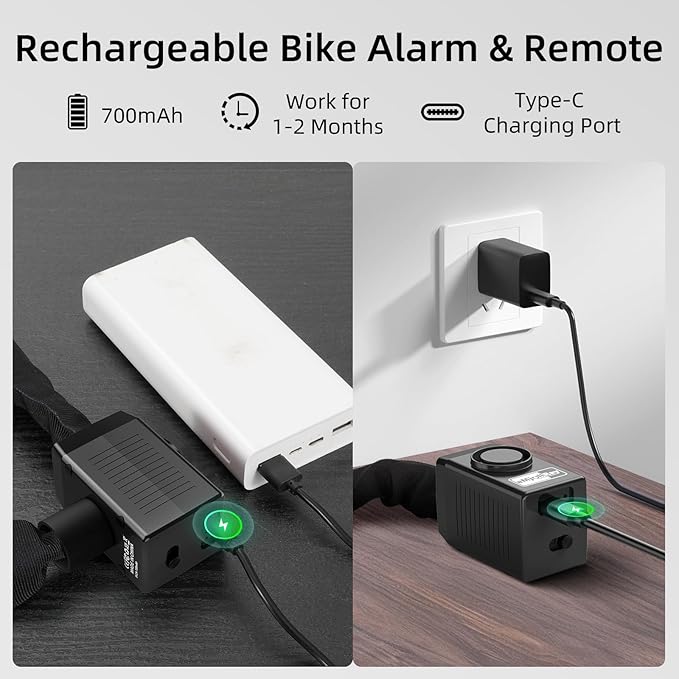 Bike Chain Lock with Alarm 8mm x 4ft E Scooter Lock Anti-Theft Alarm 110dB Security Heavy Duty with USB C Cable and 3 Keys for Bike/E Scooter/Motorcycle