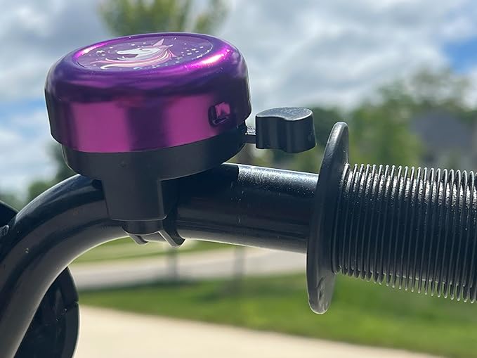 Kids Bike Bell with Streamers, Purple and Green, Unicorn and Dinosaur Theme, Bicycle Accessories