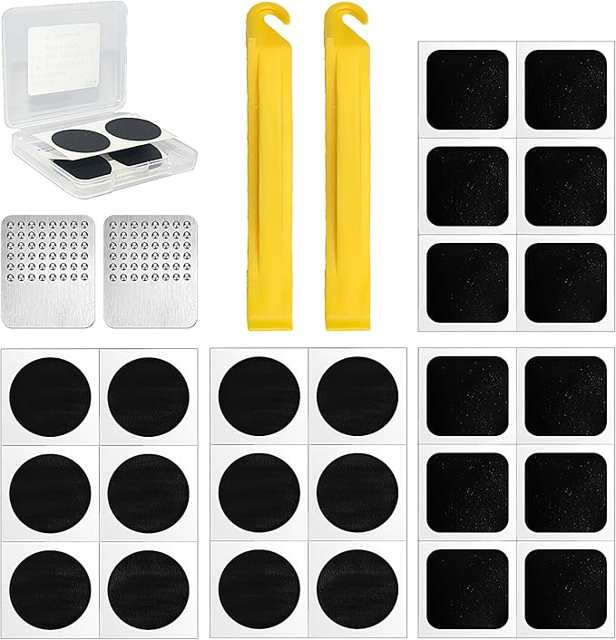 28 Pcs Bike Tire Repair Kit, Bicycle Inner Tube Bike Patch Kit with 24 Pcs Glueless Self-Adhesive Patches, Rasp and Tire Levers for Road and Mountain Bikes