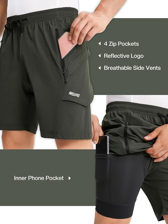 ARSUXEO Mens Mountain Bike Shorts Loose Fit Padded Bike Shorts Cycling Shorts Water-Resistant