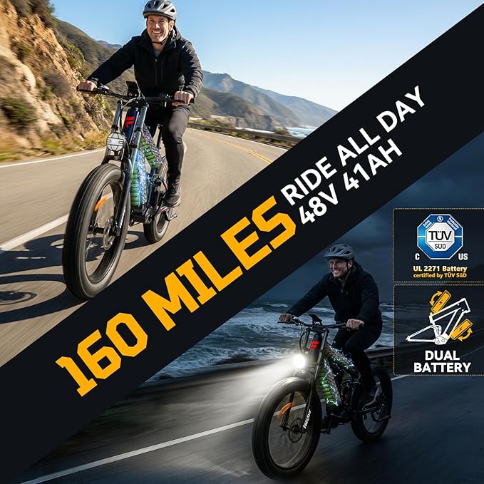 FREESKY Dual Battery 48V 41AH 160 Mile 40MPH Electric Bike for Adults, 4000W High-Torque Single Motor Long Range Fast Fat Tire Ebike, 26" Full Suspension Mountain E Bike, UL 2849 Certified by TÜV
