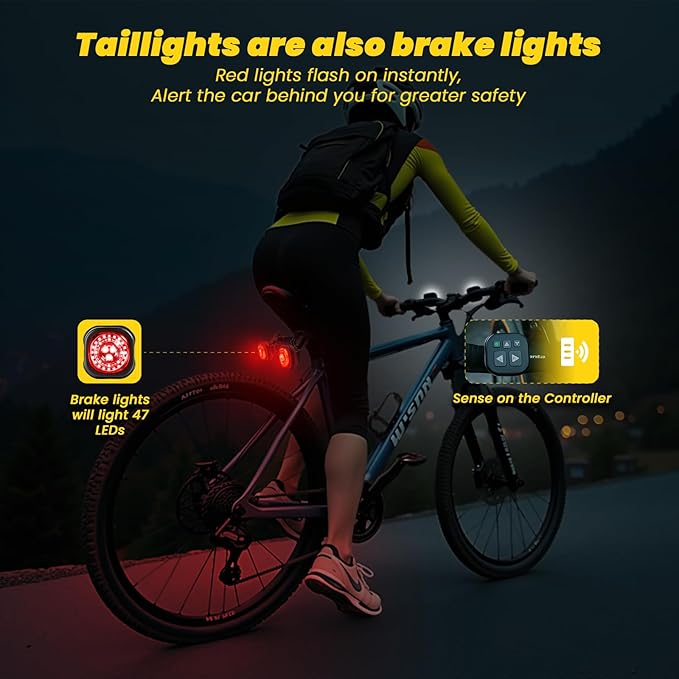 Smart Bike Lights System-Taillight,Headlight&Turn Signal,Sync Front&Rear Bike Light for Night Riding,3+2+1 Light Modes Rechargeable Bicycle Light with Remote Controller,IP67 Waterproof Day/Night Mode