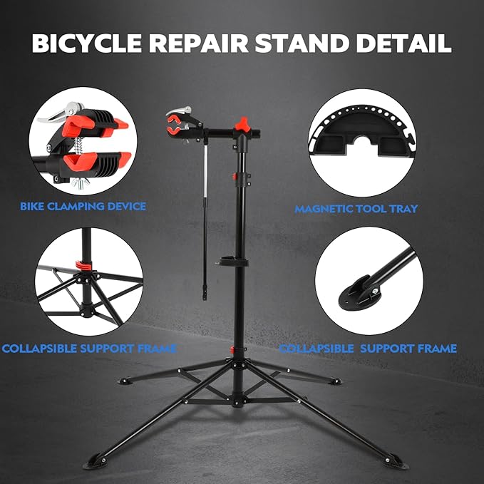 FAHKNS Bike Repair Stand Floor: Height Adjustable Bicycle Workshop Stand with Tool Tray for Road & Mountain Bikes, Red/Black