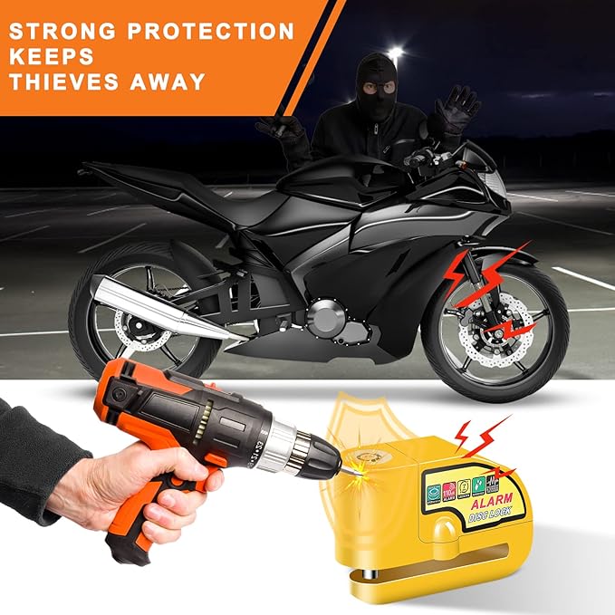 Motorcycle Alarm Disc Brake Lock, Motorcycle Locks Anti Theft Security Wheel Disc Lock Waterproof 110dB Alarm Sound with 5ft Reminder Cable Keys and Carry Pouch for Motorbike Bike Scooter