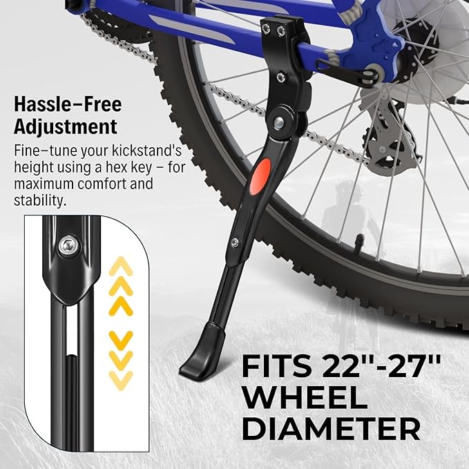 Flexzion Bike Kickstand Bicycle Road Mountain Cycling Rear Mount Side Stand Aluminum Adjustable Alloy Replacement Kickstand for Mountain Bike Fits for 22-26 inch Tires in Black