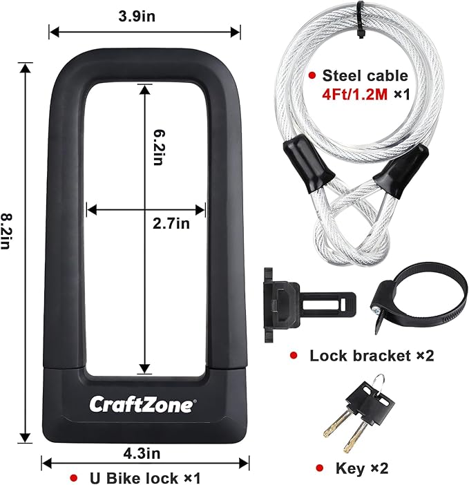 Bike Lock Heavy Duty Anti Theft with 4ft Security Cable Bicycle U Lock with Keys and Sturdy Mounting Bracket for Road, Mountain, and Electric Bikes,Bicycle Lock