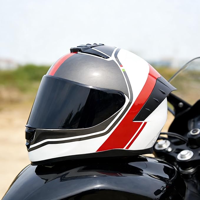 Full Face Motorcycle Helmet,Helmets for Adults Motorcycle, MG611 Motorbike Racing Street Bike Helmets with Black Visor for Men Women,DOT Approved (Glossy Red Gray Lines, XXL)